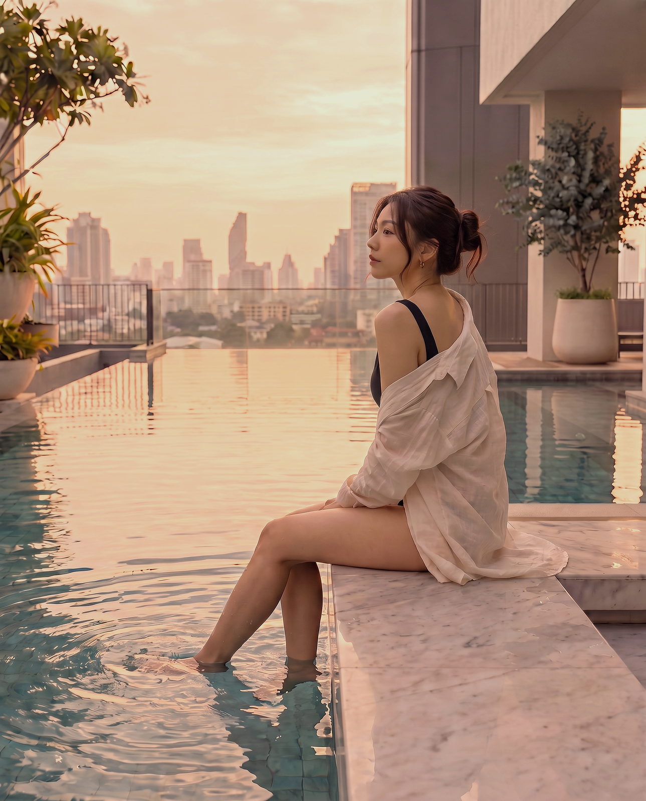Dao sitting by the condominium pool at sunset