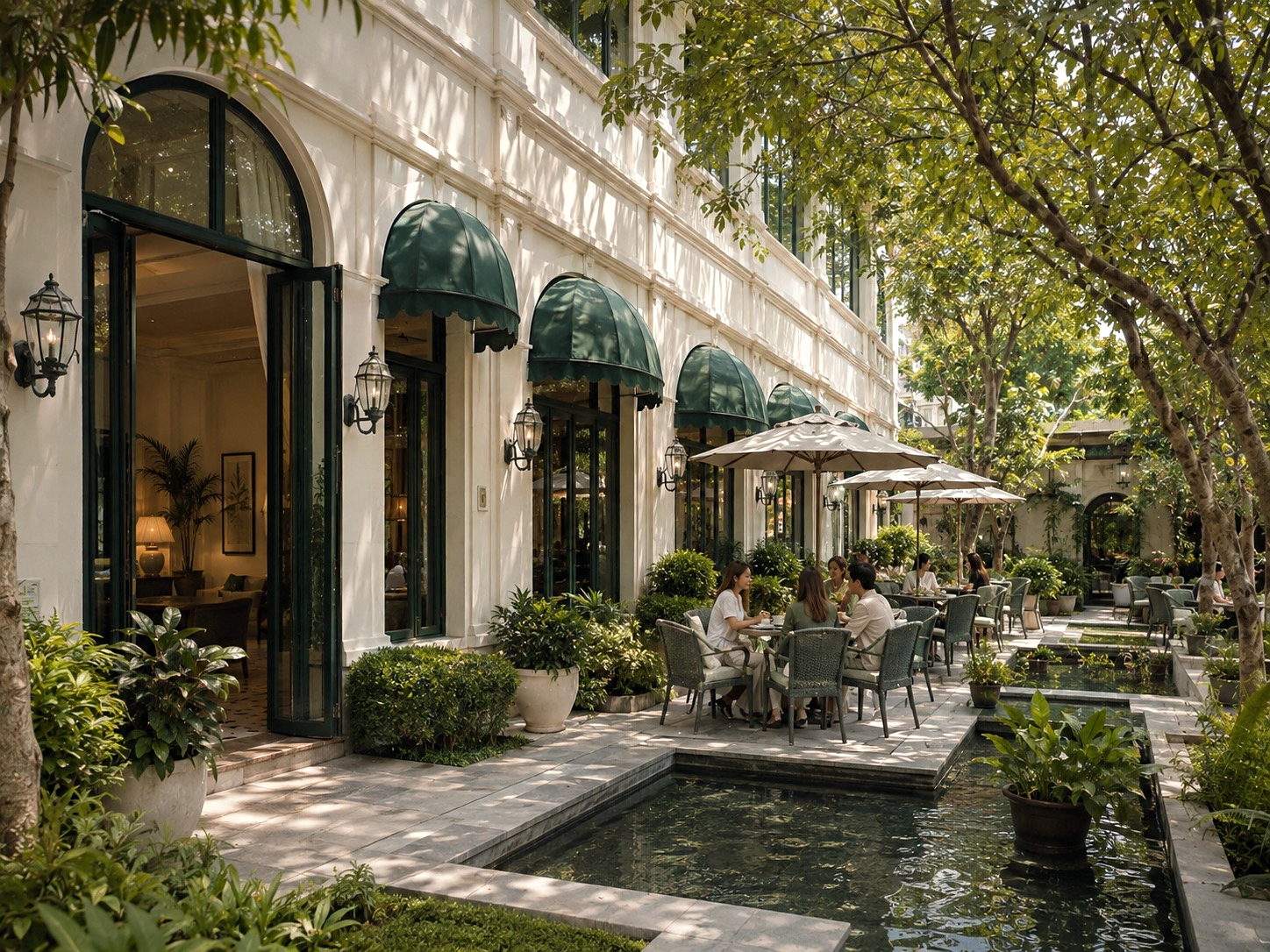 Green and white city restaurant exterior